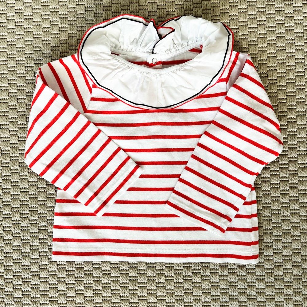 Jacadi Kırmızı Beyaz Çizgili Yakası Fırfırlı Tshirt 24 ay