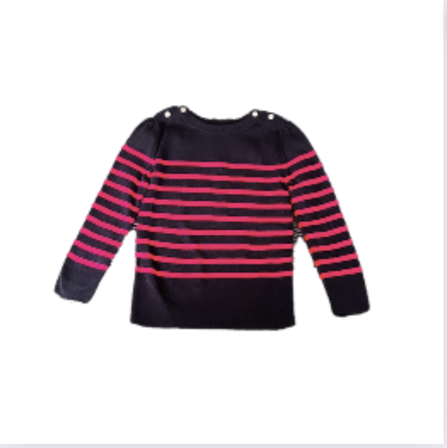 Jacadi Lacivert önü pembe çizgili arkası kırmız çizgili merserize kazak 4 yaş 104 cm yılbaşı