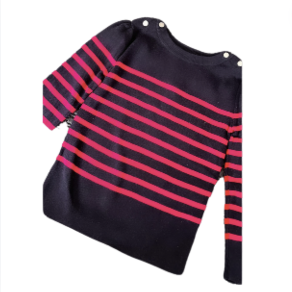 Jacadi Lacivert önü pembe çizgili arkası kırmız çizgili merserize kazak 4 yaş 104 cm yılbaşı