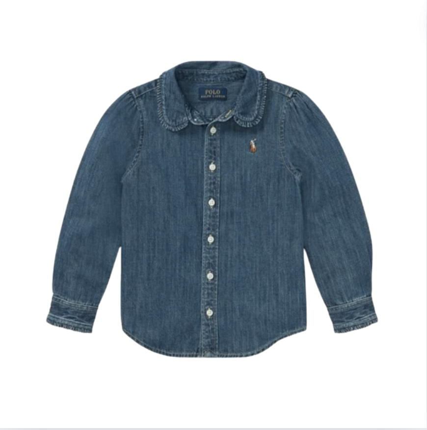 Ralph Lauren Yakası ve kolları Fırfırlı Bebe yaka Denim Gömlek 4 yaş yılbaşı